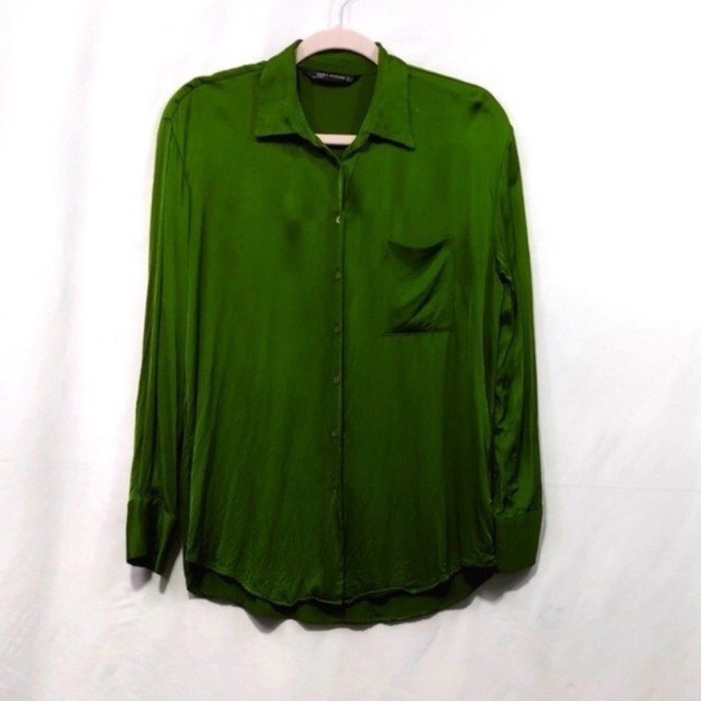 MOVING SALE ZARA Emerald Green Button-Up Silk Blouse